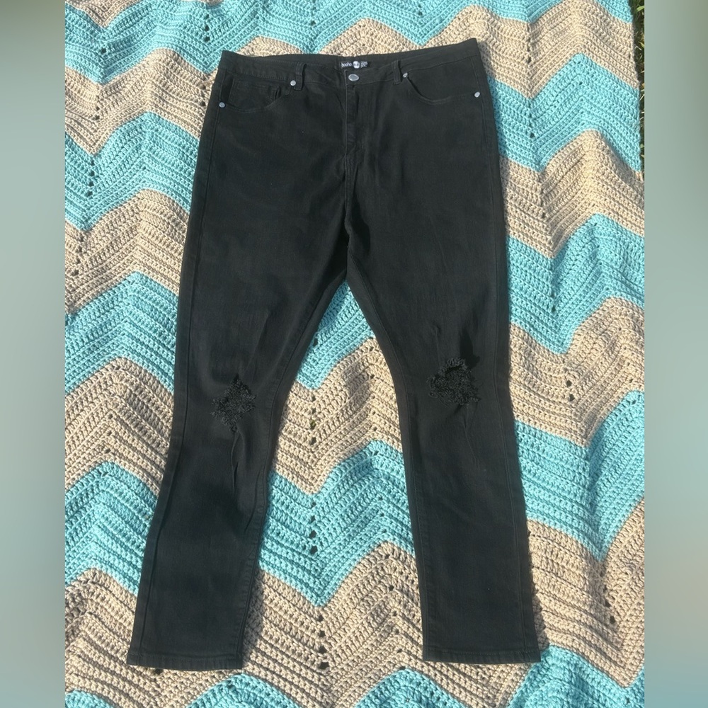 boohoo Black Denim Distressed Stretch Jeans Size 16 Super High Waisted